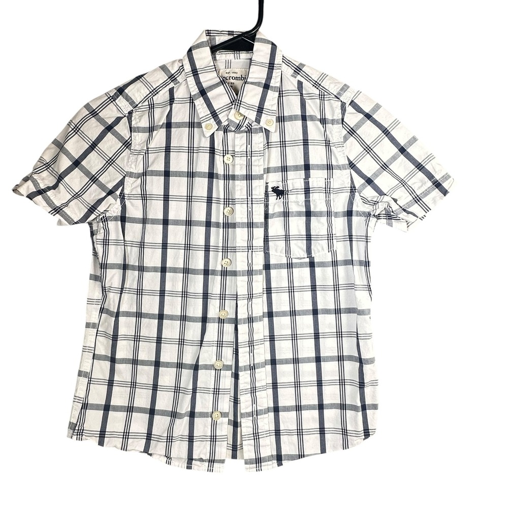 Abercrombie Kids Short Sleeve Plaid Button Down Shirt White Blue Size S